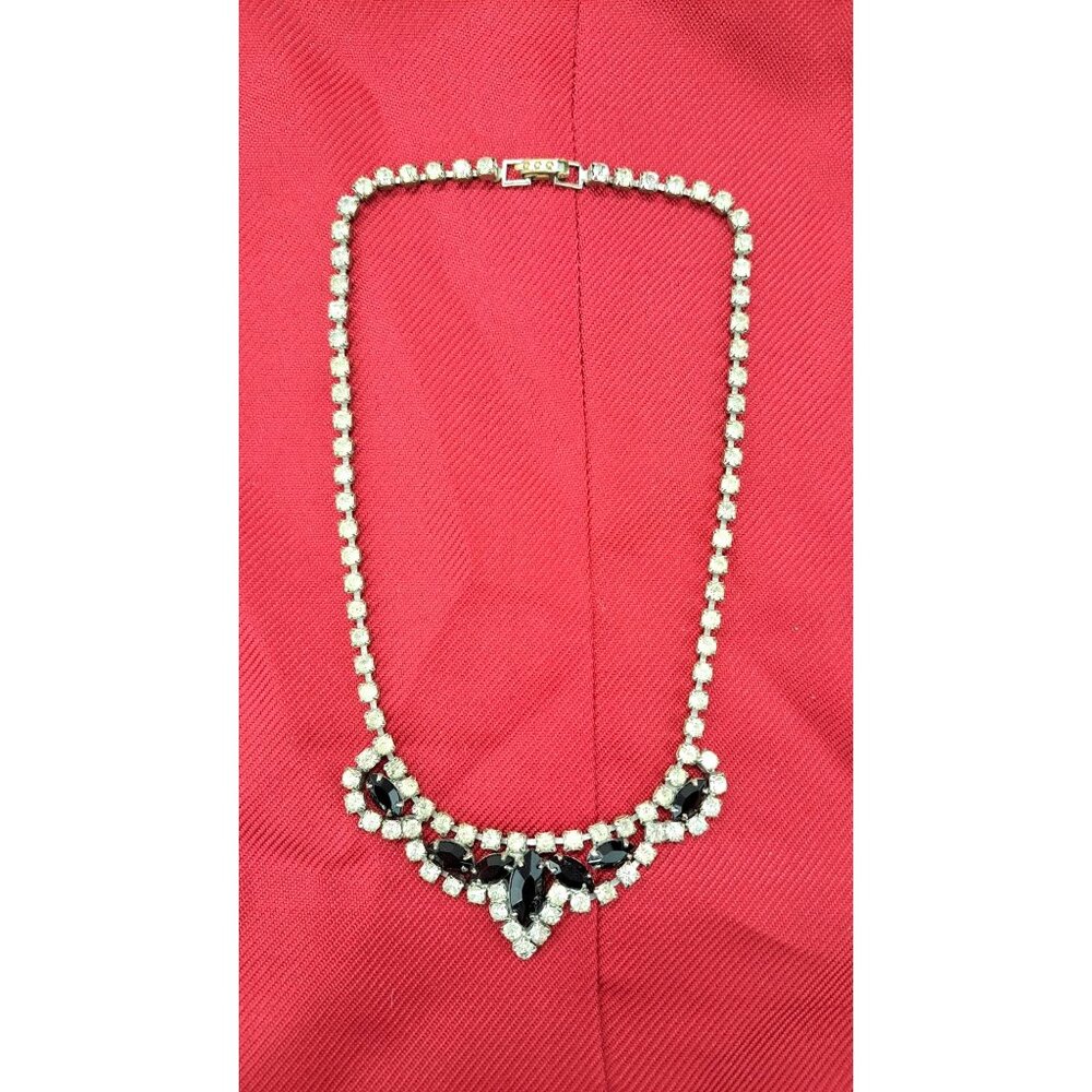 Vintage Clear Black Rhinestone Necklace Marquise 15 Inches Choker Bib Costume